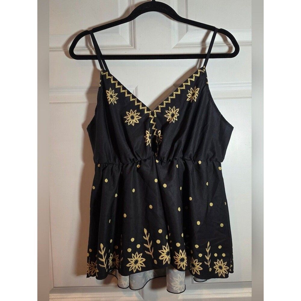Shein Black Spaghetti Strap Peplum Top with Yellow Floral Detail 0XL